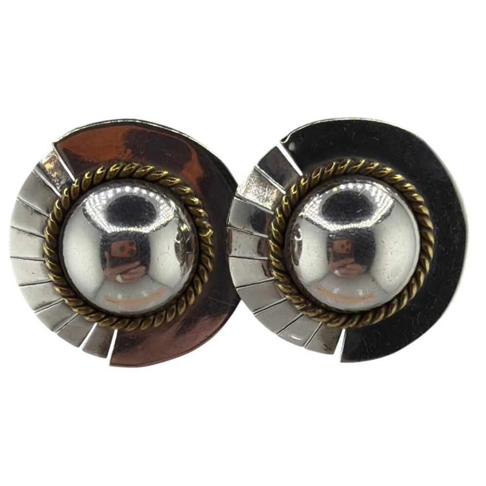 Vintage Sterling Silver Sunburst Two Tone Earrings MCM Post Mexico